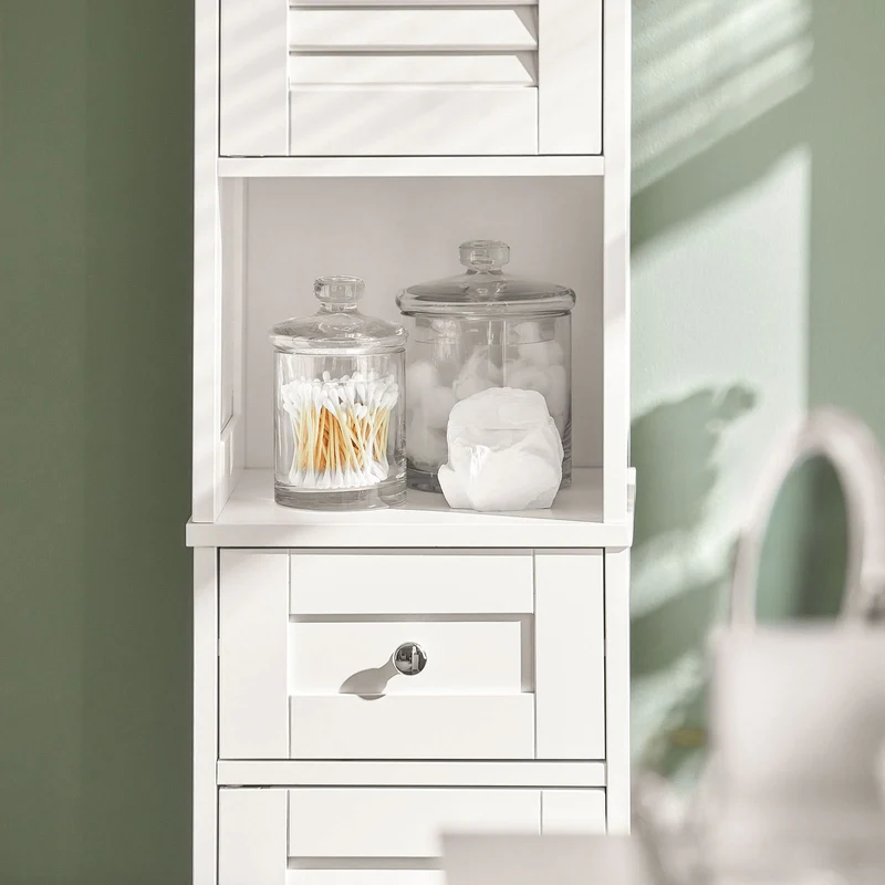 SoBuy FRG236-W Colonne de Salle de Bain – 32 cm, 2 Portes Persiennes, Tiroir et Niche, Blanc