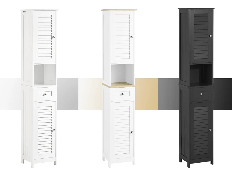 SoBuy FRG236-W Colonne de Salle de Bain – 32 cm, 2 Portes Persiennes, Tiroir et Niche, Blanc