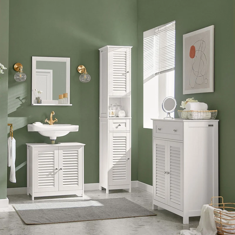 SoBuy FRG236-W Colonne de Salle de Bain – 32 cm, 2 Portes Persiennes, Tiroir et Niche, Blanc