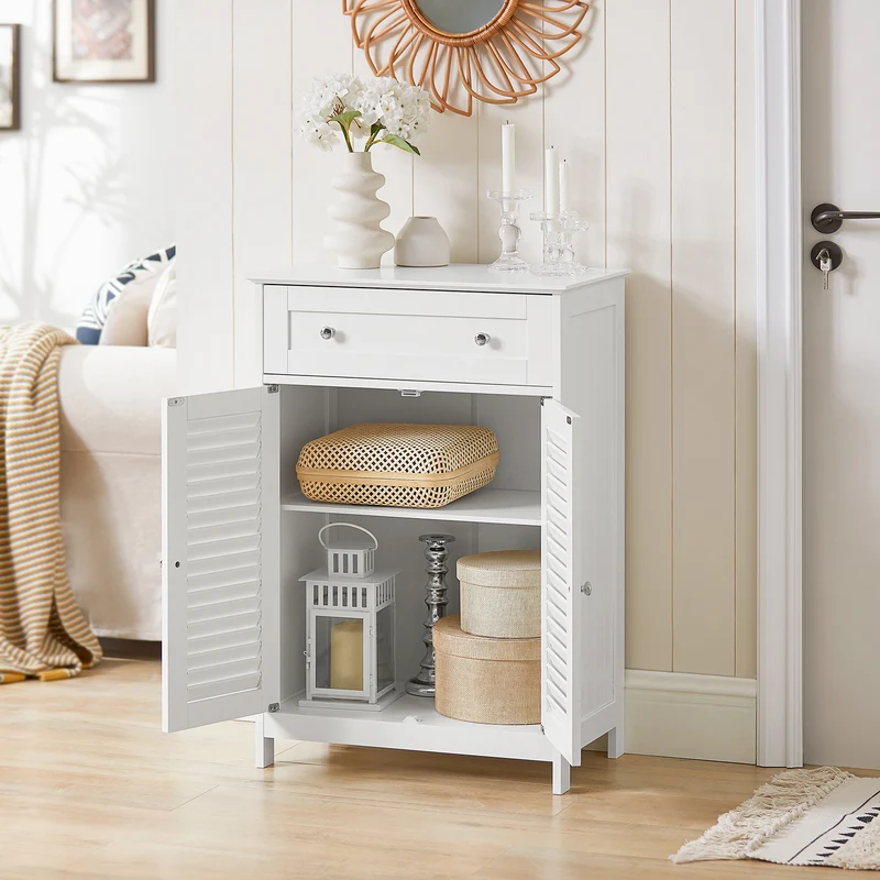 SoBuy FRG238-W Meuble de Salle de Bain avec 2 Portes Persiennes – 1 Tiroir, Étagère Réglable, 60×35×87 cm, Blanc