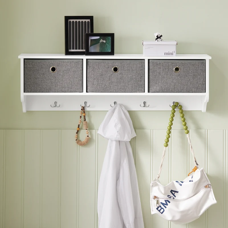 SoBuy FRG282-W Porte-Manteau Mural avec 5 Crochets et 3 Paniers, pour Entrée et Couloir, Design Fonctionnel, Usage Quotidien – L100×P20×H30 cm, Bois, Blanc