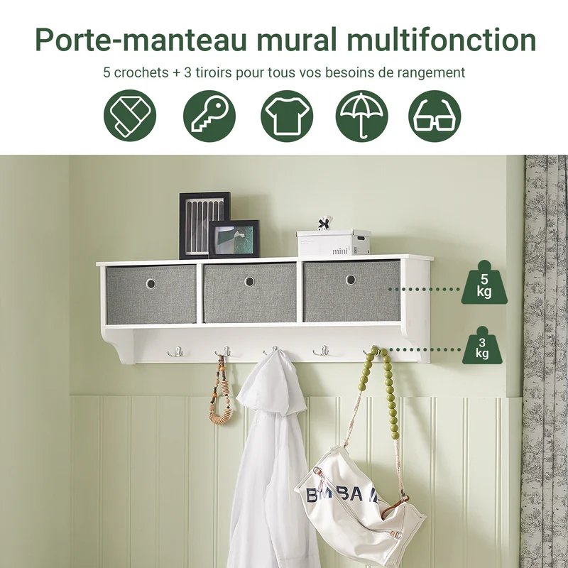 SoBuy FRG282-W Porte-Manteau Mural avec 5 Crochets et 3 Paniers, pour Entrée et Couloir, Design Fonctionnel, Usage Quotidien – L100×P20×H30 cm, Bois, Blanc