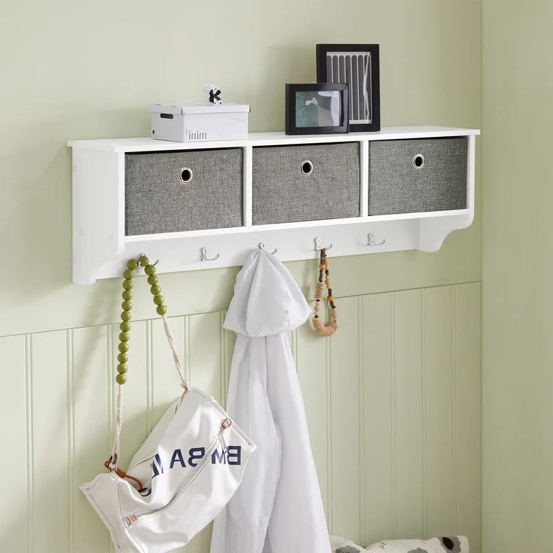 SoBuy FRG282-W Porte-Manteau Mural avec 5 Crochets et 3 Paniers, pour Entrée et Couloir, Design Fonctionnel, Usage Quotidien – L100×P20×H30 cm, Bois, Blanc