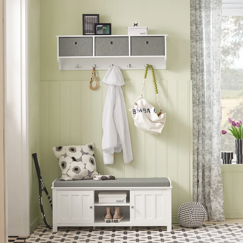 SoBuy FRG282-W Porte-Manteau Mural avec 5 Crochets et 3 Paniers, pour Entrée et Couloir, Design Fonctionnel, Usage Quotidien – L100×P20×H30 cm, Bois, Blanc