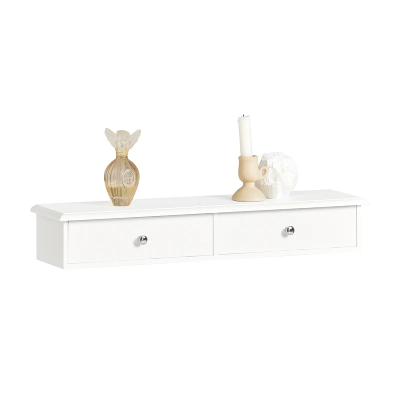 SoBuy FRG43-W Etagere Murale avec 2 Tiroirs - Étagère Flottante Moderne pour Entrée, Salon, Cuisine & Chambre - Blanc 64x15x10cm