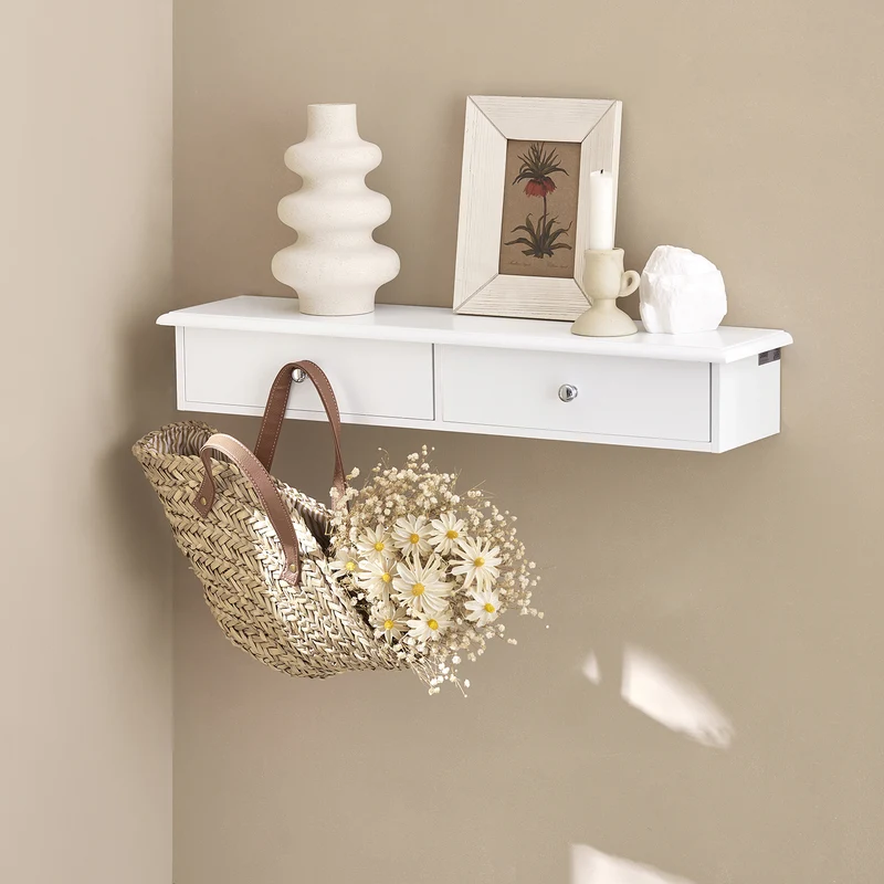 SoBuy FRG43-W Etagere Murale avec 2 Tiroirs - Étagère Flottante Moderne pour Entrée, Salon, Cuisine & Chambre - Blanc 64x15x10cm