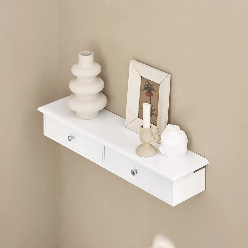 SoBuy FRG43-W Etagere Murale avec 2 Tiroirs - Étagère Flottante Moderne pour Entrée, Salon, Cuisine & Chambre - Blanc 64x15x10cm