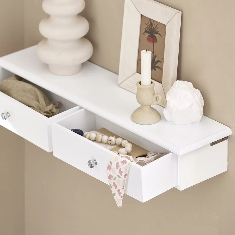 SoBuy FRG43-W Etagere Murale avec 2 Tiroirs - Étagère Flottante Moderne pour Entrée, Salon, Cuisine & Chambre - Blanc 64x15x10cm