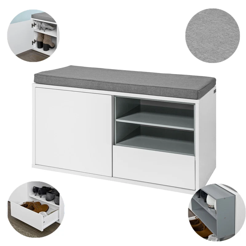 SoBuy FSR37-W Banc à Chaussures avec Coussin Rembourré et Rangement pour Entrée Couloir – 80x35x46 cm, Blanc