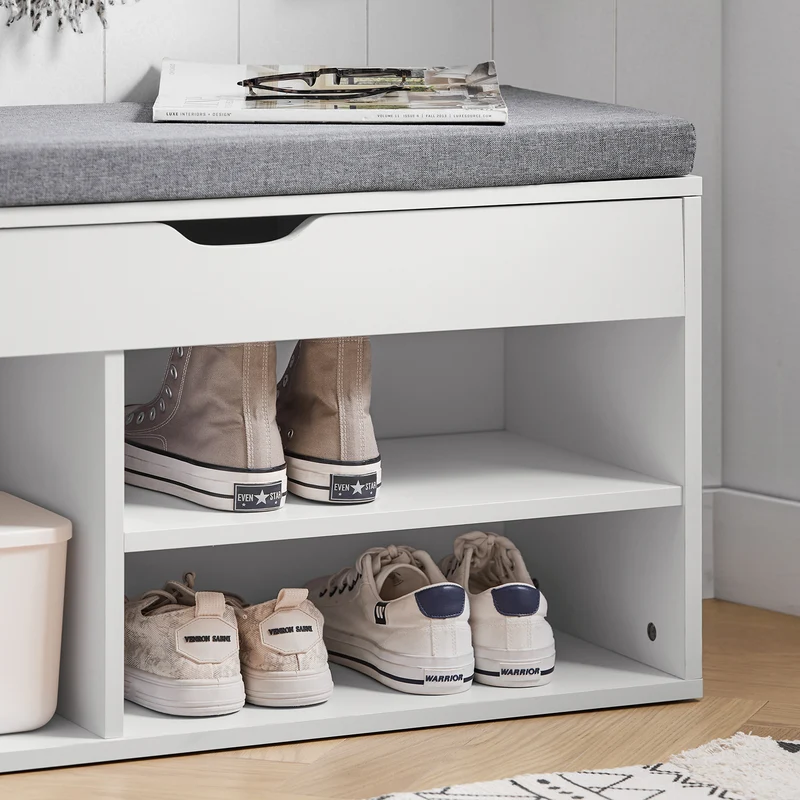 SoBuy FSR45-HG Banc à Chaussures avec Coussin Rembourré et Rangement pour Bottes, Meuble d'Entrée – 80x30x46 cm, Gris