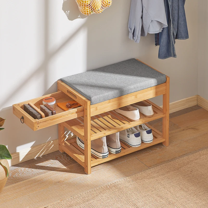 SoBuy FSR49-N Banc à Chaussures en Bambou Massif avec Coussin 8 cm, 2 Étagères et Tiroir – Charge 150 kg – Naturel