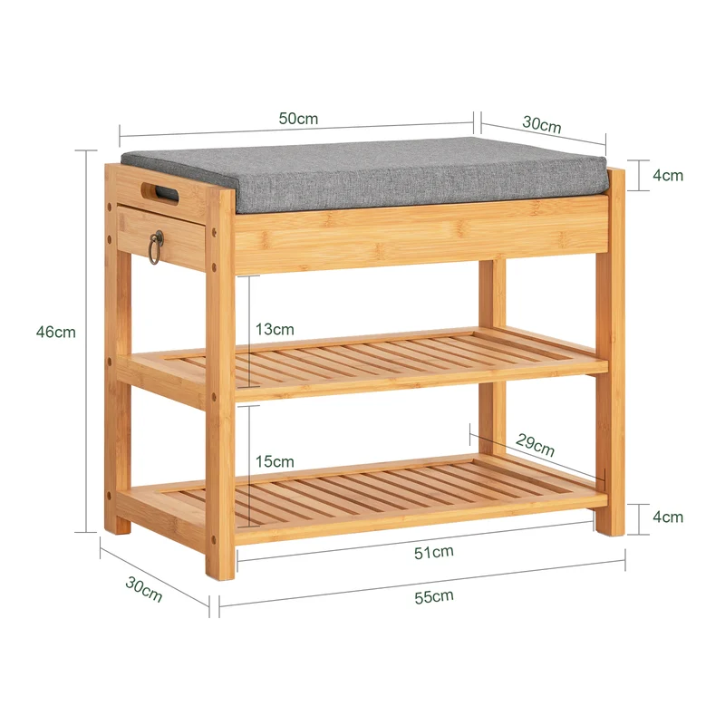 SoBuy FSR49-N Banc à Chaussures en Bambou Massif avec Coussin 8 cm, 2 Étagères et Tiroir – Charge 150 kg – Naturel