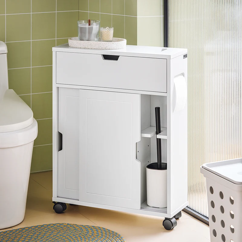 SoBuy BZR31-W Armoire Salle de Bain avec Roulettes et Portes Coulissantes, Gain de Place, Usage Polyvalent, Mobile, Rangement Optimisé – L52×P17×H68 cm, Blanc