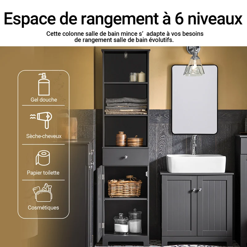 SoBuy BZR17-DG Colonne Salle de Bain Meuble Salle de Bain Rangement avec Armoire et 3 Étagères Ouvertes, Petit Meuble Compact avec 1 Tiroir pour WC, Chambre 40x161x35 cm