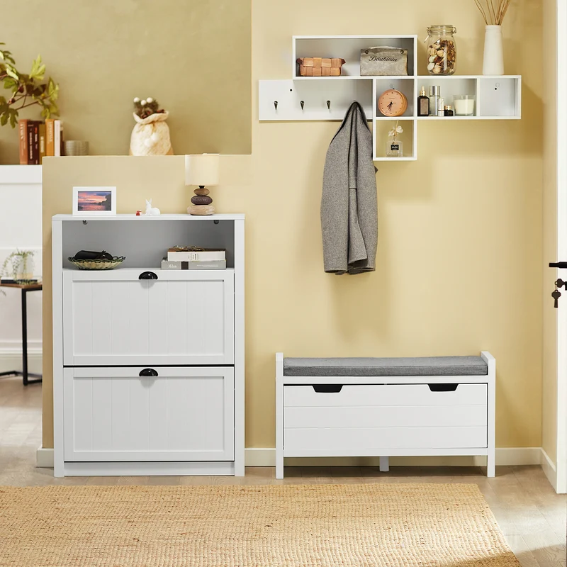 SoBuy FSR97-W Banc à Chaussures avec Coussin Rembourré et Étagères, Meuble d'Entrée – 91x30x50 cm, Blanc
