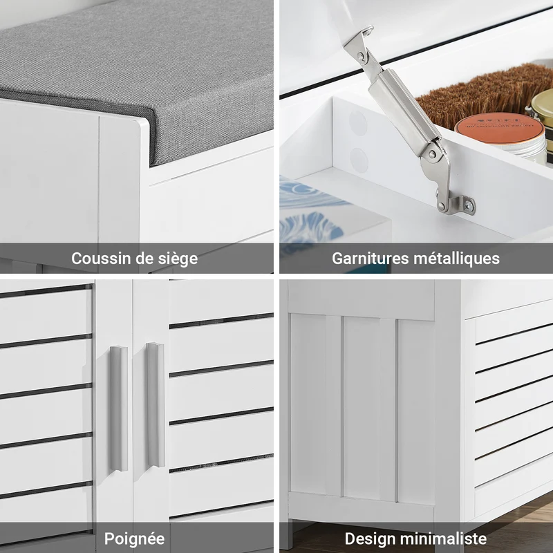 SoBuy FSR102-W Banc à Chaussures avec Coussin Rembourré, Coffre et 2 Portes de Rangement pour Entrée – 90x33x50 cm, Blanc
