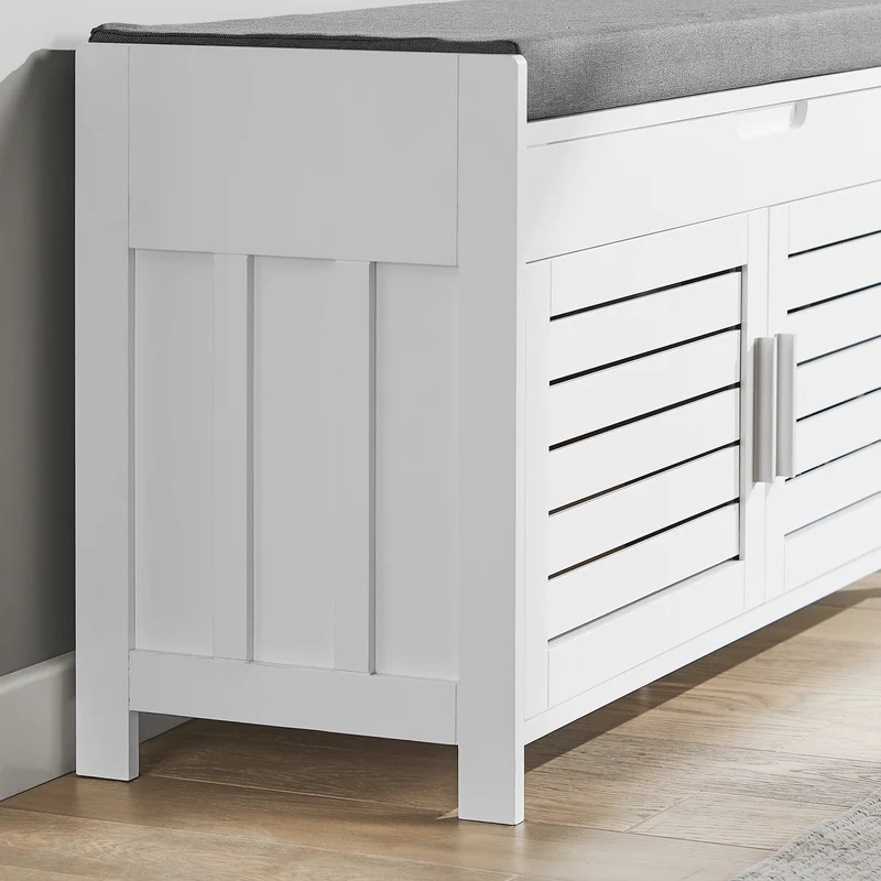 SoBuy FSR102-W Banc à Chaussures avec Coussin Rembourré, Coffre et 2 Portes de Rangement pour Entrée – 90x33x50 cm, Blanc