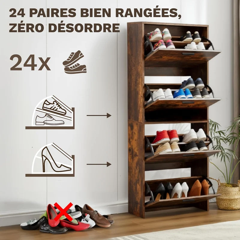 Meuble à Chaussures 24 Paires 4 Abattants – Armoire Étroite 24 cm Gain de Place – Meuble Entrée Bois Rustique 60x24x150 cm (Copie)