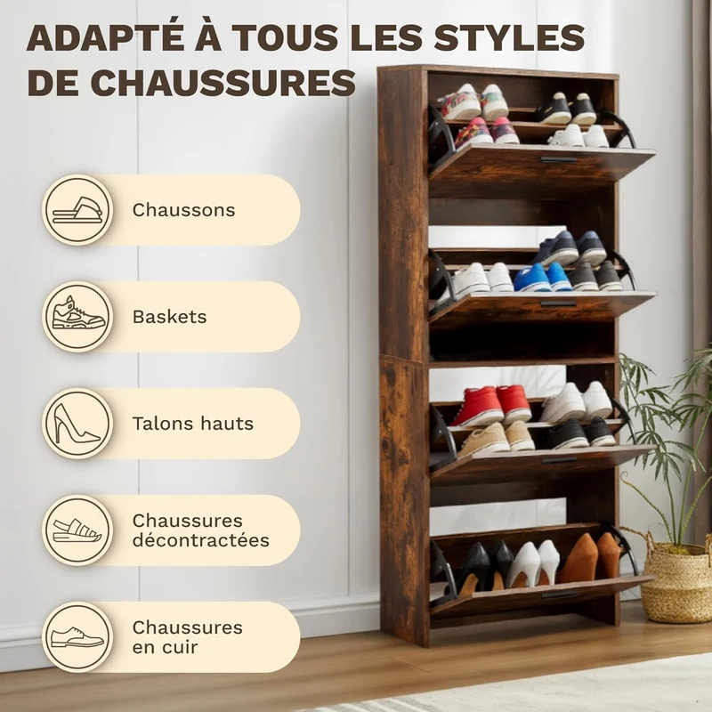 Meuble à Chaussures 24 Paires 4 Abattants – Armoire Étroite 24 cm Gain de Place – Meuble Entrée Bois Rustique 60x24x150 cm (Copie)