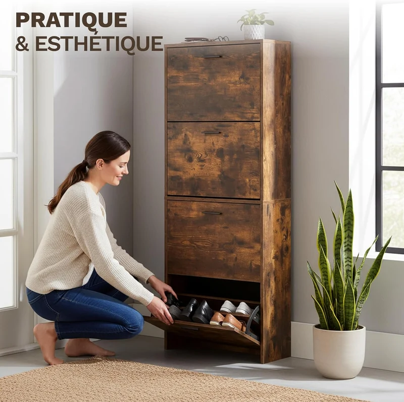 Meuble à Chaussures 24 Paires 4 Abattants – Armoire Étroite 24 cm Gain de Place – Meuble Entrée Bois Rustique 60x24x150 cm (Copie)
