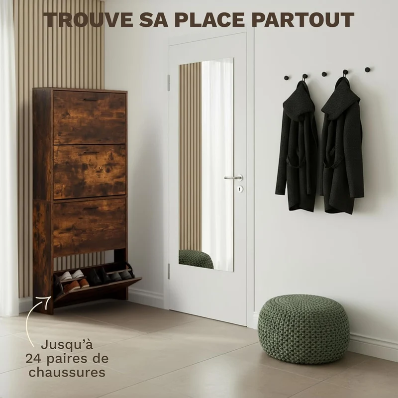 Meuble à Chaussures 24 Paires 4 Abattants – Armoire Étroite 24 cm Gain de Place – Meuble Entrée Bois Rustique 60x24x150 cm (Copie)