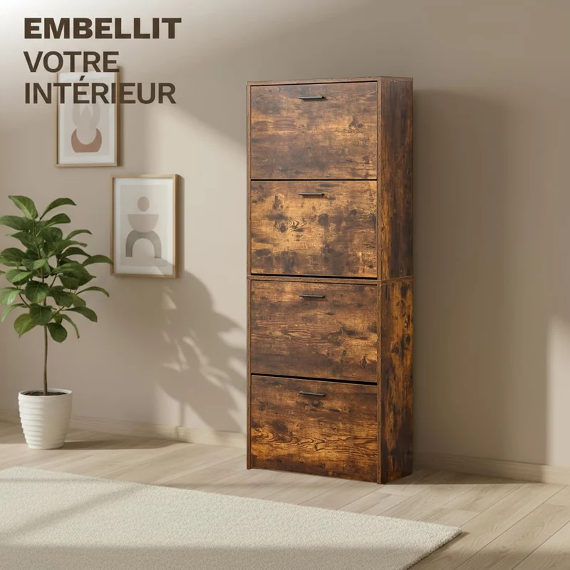 Meuble à Chaussures 24 Paires 4 Abattants – Armoire Étroite 24 cm Gain de Place – Meuble Entrée Bois Rustique 60x24x150 cm (Copie)