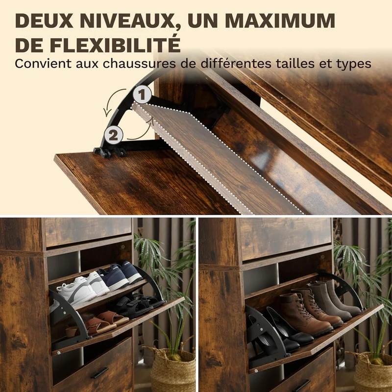 Meuble à Chaussures 24 Paires 4 Abattants – Armoire Étroite 24 cm Gain de Place – Meuble Entrée Bois Rustique 60x24x150 cm (Copie)