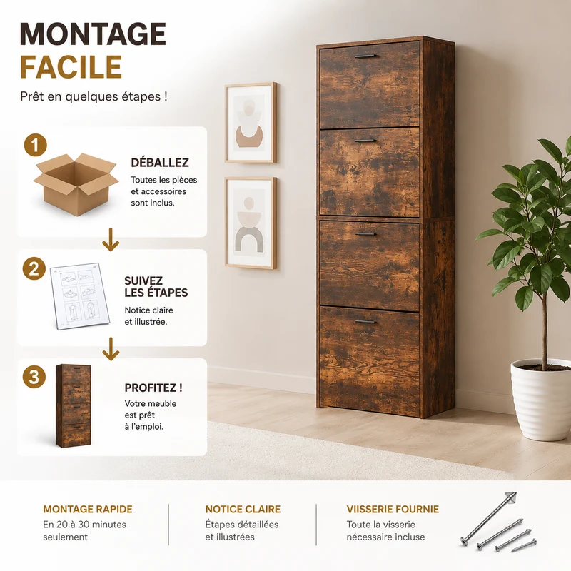 Meuble à Chaussures 24 Paires 4 Abattants – Armoire Étroite 24 cm Gain de Place – Meuble Entrée Bois Rustique 60x24x150 cm (Copie)