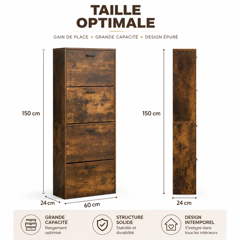 Meuble à Chaussures 24 Paires 4 Abattants – Armoire Étroite 24 cm Gain de Place – Meuble Entrée Bois Rustique 60x24x150 cm (Copie)