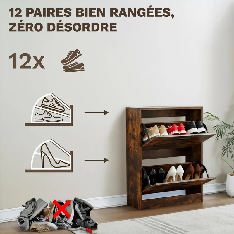 Meuble à Chaussures 12 Paires 2 Abattants – Armoire Étroite 24 cm Gain de Place – Meuble Entrée Bois Rustique 60x24x80 cm (Copie)
