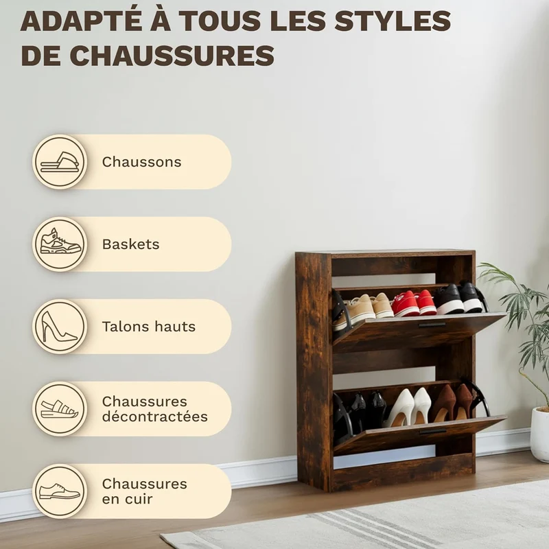 Meuble à Chaussures 12 Paires 2 Abattants – Armoire Étroite 24 cm Gain de Place – Meuble Entrée Bois Rustique 60x24x80 cm (Copie)