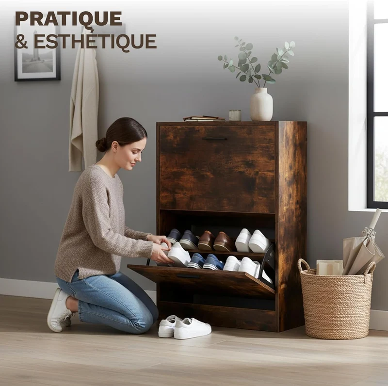 Meuble à Chaussures 12 Paires 2 Abattants – Armoire Étroite 24 cm Gain de Place – Meuble Entrée Bois Rustique 60x24x80 cm (Copie)