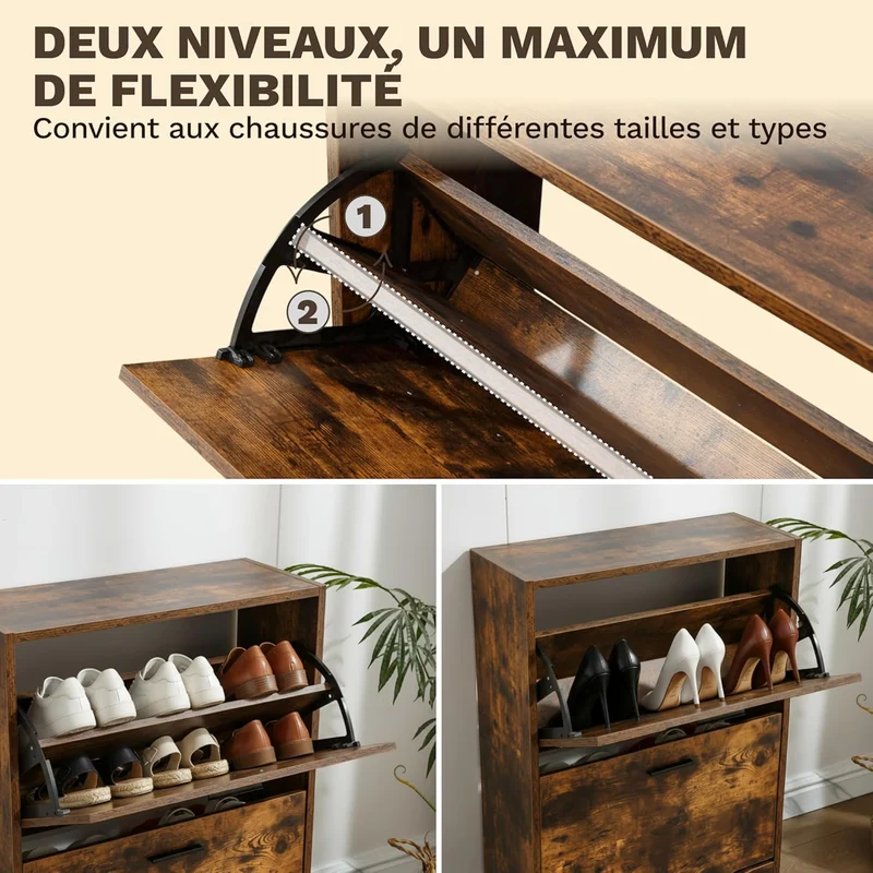 Meuble à Chaussures 12 Paires 2 Abattants – Armoire Étroite 24 cm Gain de Place – Meuble Entrée Bois Rustique 60x24x80 cm (Copie)