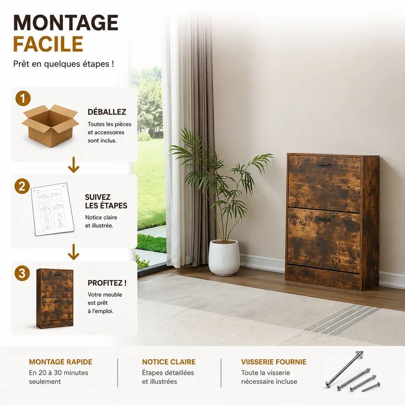Meuble à Chaussures 12 Paires 2 Abattants – Armoire Étroite 24 cm Gain de Place – Meuble Entrée Bois Rustique 60x24x80 cm (Copie)