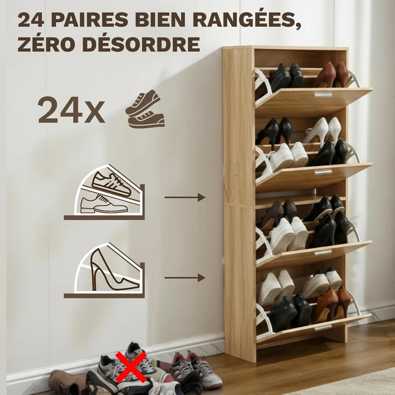 Meuble à Chaussures 24 Paires 4 Abattants – Armoire Étroite 24 cm Gain de Place – Meuble Entrée Bois clair 60x24x150 cm