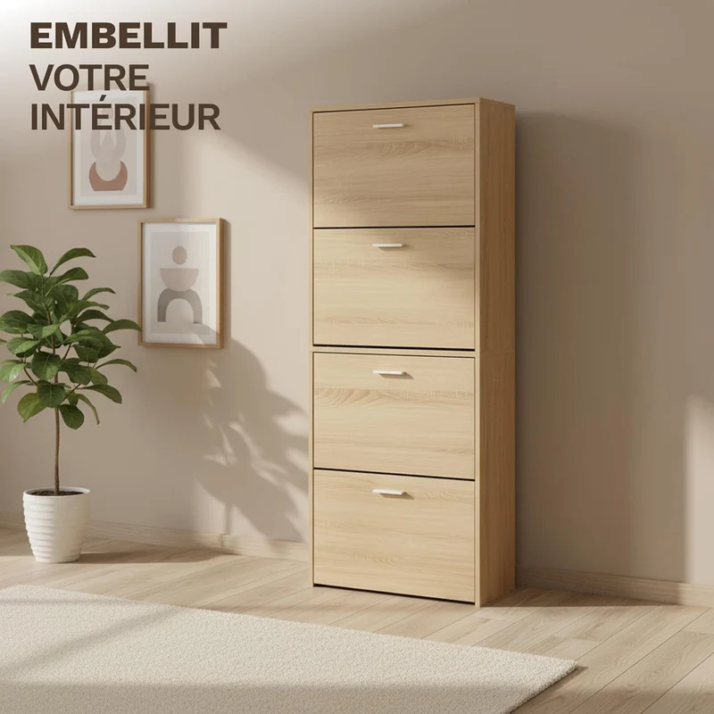 Meuble à Chaussures 24 Paires 4 Abattants – Armoire Étroite 24 cm Gain de Place – Meuble Entrée Bois clair 60x24x150 cm