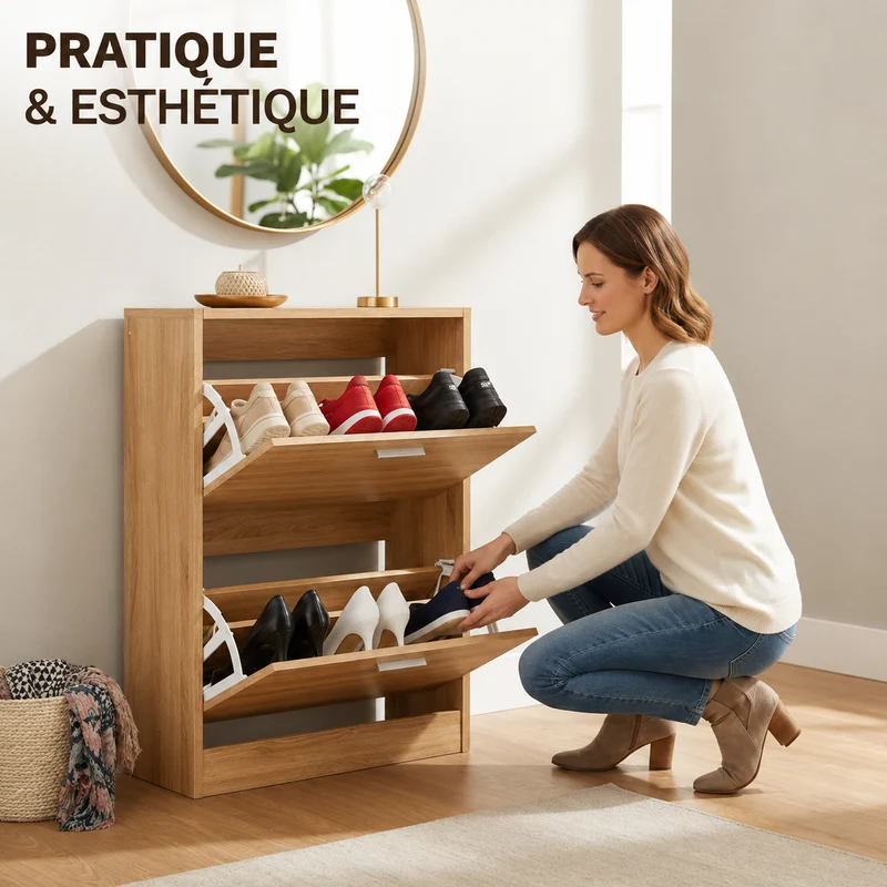 Meuble à Chaussures 12 Paires 2 Abattants – Armoire Étroite 24 cm Gain de Place – Meuble Entrée Bois clair 60x24x80 cm (Copie)