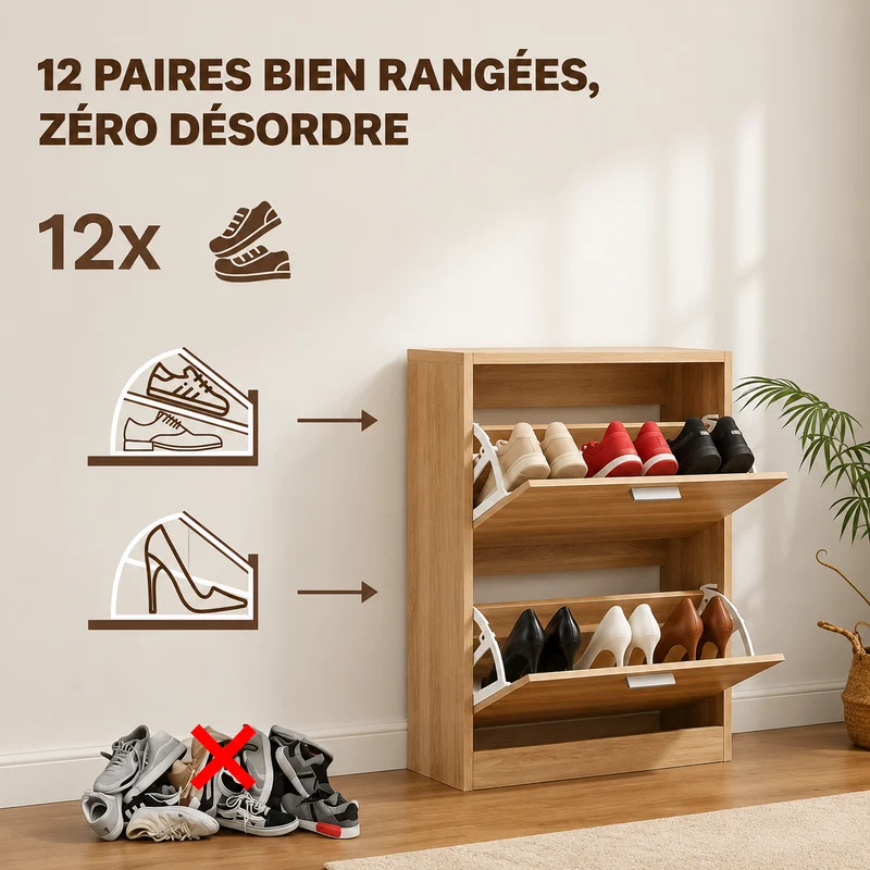 Meuble à Chaussures 12 Paires 2 Abattants – Armoire Étroite 24 cm Gain de Place – Meuble Entrée Bois clair 60x24x80 cm (Copie)