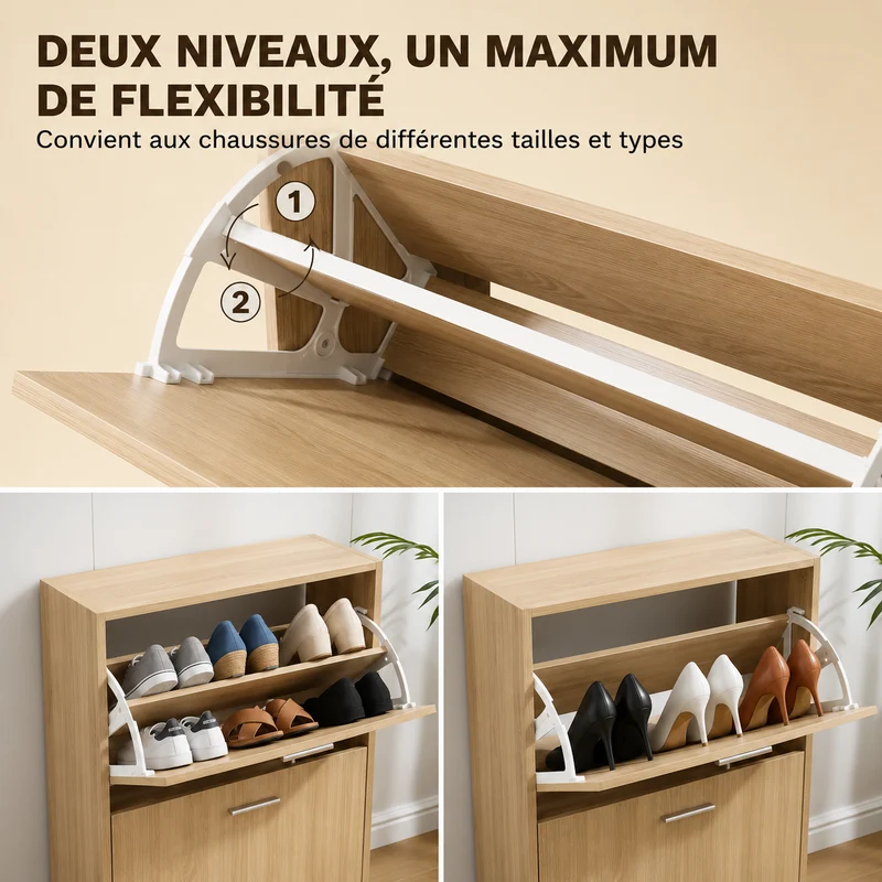 Meuble à Chaussures 12 Paires 2 Abattants – Armoire Étroite 24 cm Gain de Place – Meuble Entrée Bois clair 60x24x80 cm (Copie)