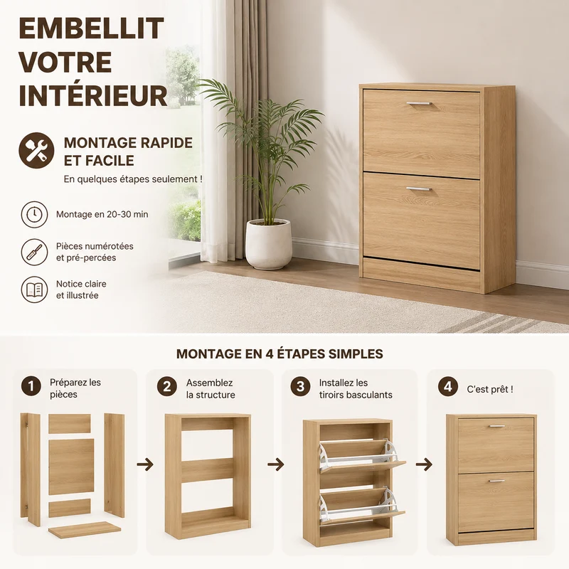 Meuble à Chaussures 12 Paires 2 Abattants – Armoire Étroite 24 cm Gain de Place – Meuble Entrée Bois clair 60x24x80 cm (Copie)