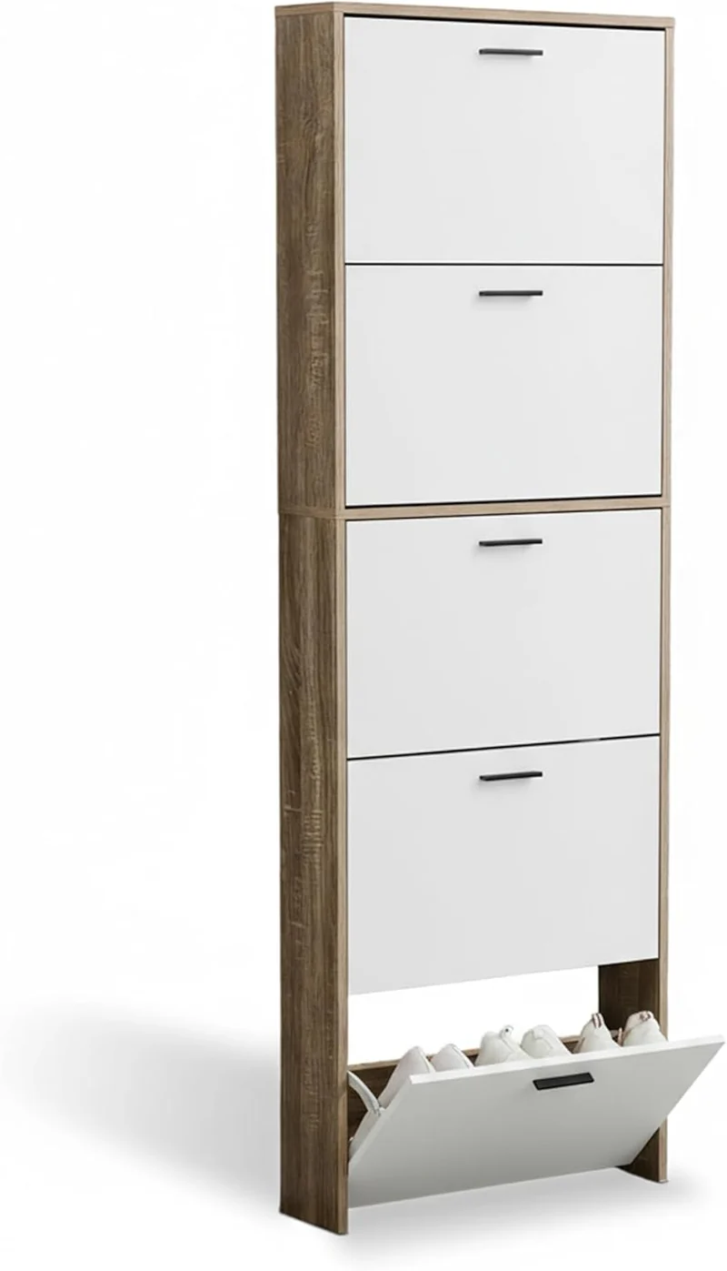 Meuble de Rangement à Chaussures - 15 Paires - 5 abattants - L60xP24xH180 cm - Portes Blanches et Cadre Bois Clair (Copie)