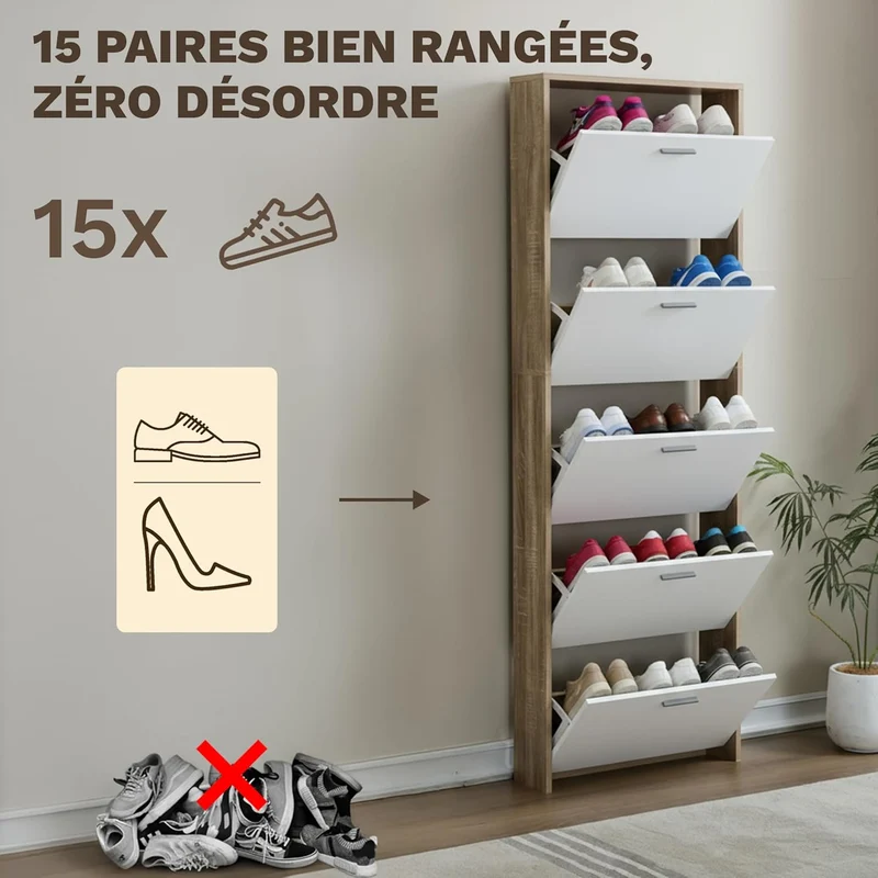 Meuble de Rangement à Chaussures - 15 Paires - 5 abattants - L60xP24xH180 cm - Portes Blanches et Cadre Bois Clair (Copie)