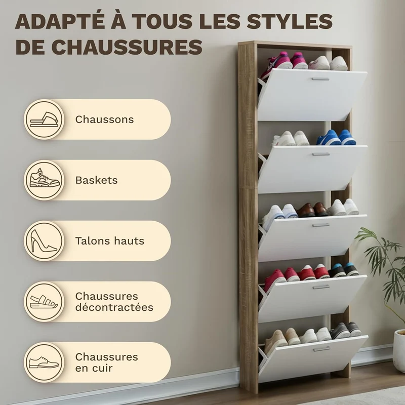 Meuble de Rangement à Chaussures - 15 Paires - 5 abattants - L60xP24xH180 cm - Portes Blanches et Cadre Bois Clair (Copie)