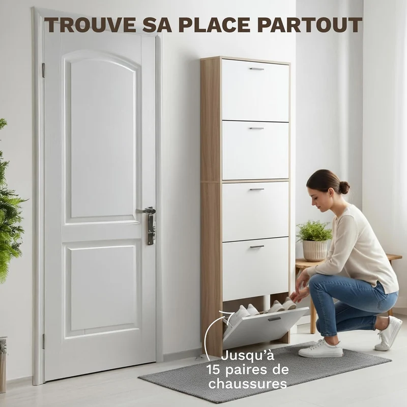Meuble de Rangement à Chaussures - 15 Paires - 5 abattants - L60xP24xH180 cm - Portes Blanches et Cadre Bois Clair (Copie)