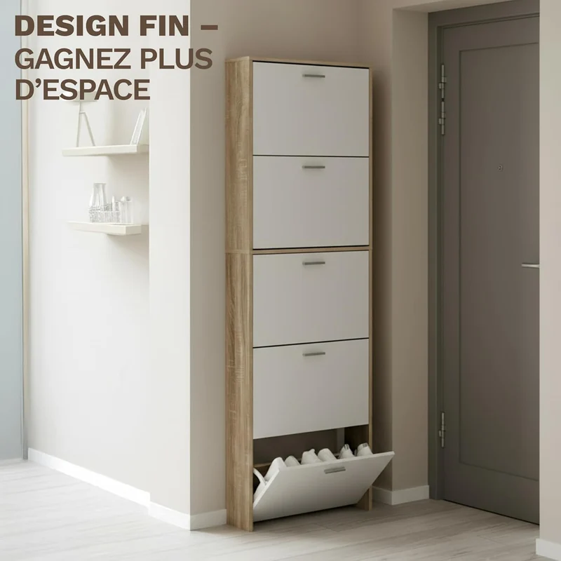 Meuble de Rangement à Chaussures - 15 Paires - 5 abattants - L60xP24xH180 cm - Portes Blanches et Cadre Bois Clair (Copie)