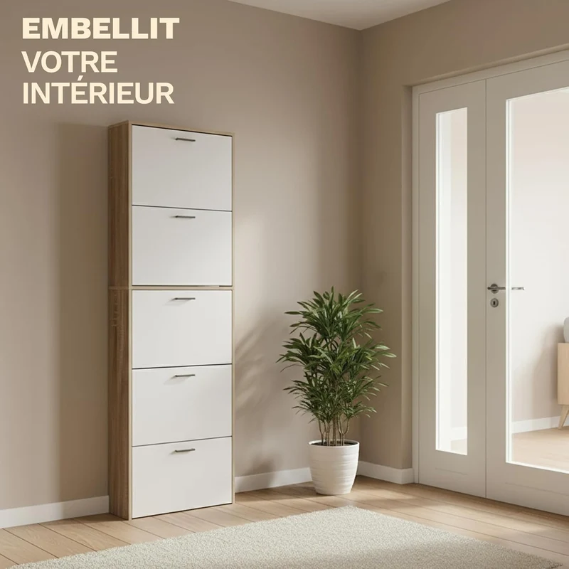 Meuble de Rangement à Chaussures - 15 Paires - 5 abattants - L60xP24xH180 cm - Portes Blanches et Cadre Bois Clair (Copie)