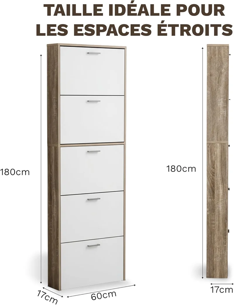 Meuble de Rangement à Chaussures - 15 Paires - 5 abattants - L60xP24xH180 cm - Portes Blanches et Cadre Bois Clair (Copie)