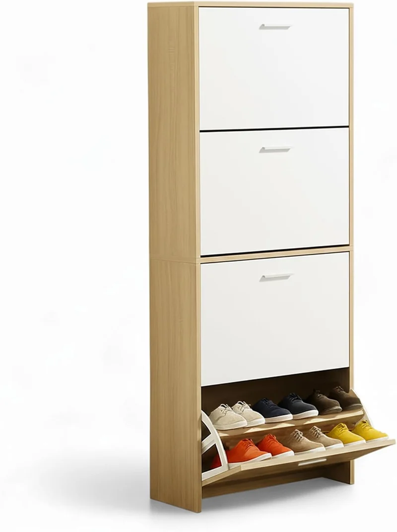 Meuble à Chaussures 24 Paires 4 Abattants – Armoire Étroite 24 cm Gain de Place – Meuble Entrée Blanc Bois 60x24x150 cm