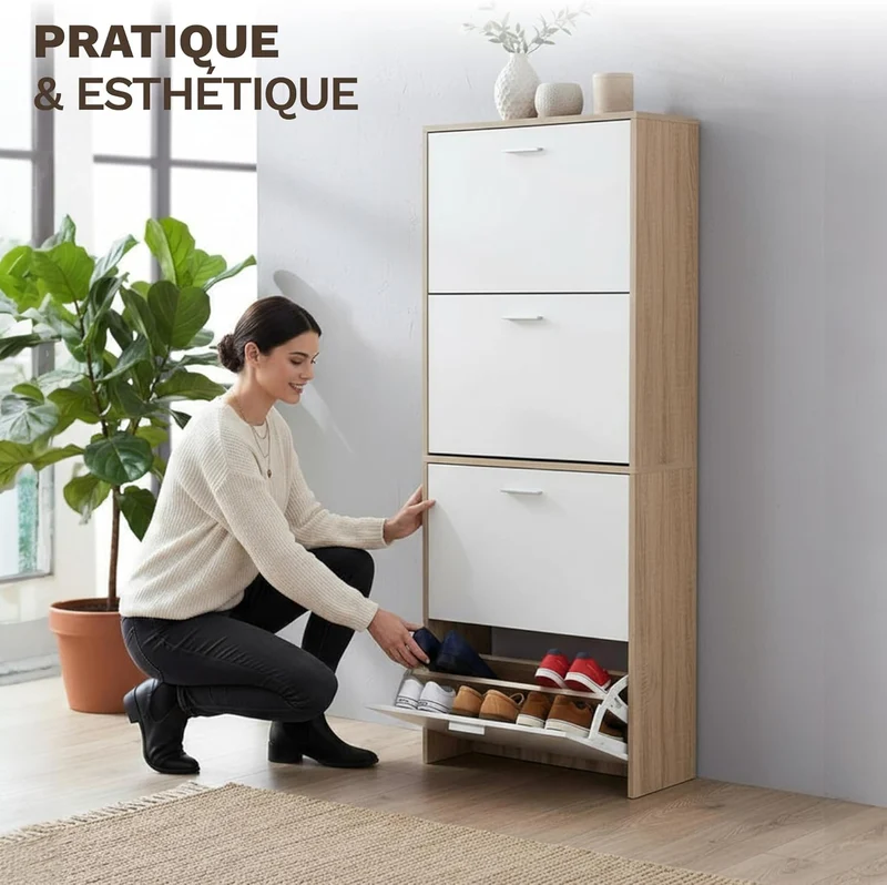Meuble à Chaussures 24 Paires 4 Abattants – Armoire Étroite 24 cm Gain de Place – Meuble Entrée Blanc Bois 60x24x150 cm