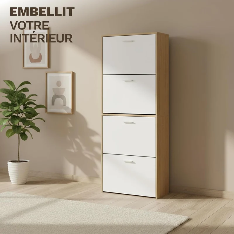 Meuble à Chaussures 24 Paires 4 Abattants – Armoire Étroite 24 cm Gain de Place – Meuble Entrée Blanc Bois 60x24x150 cm